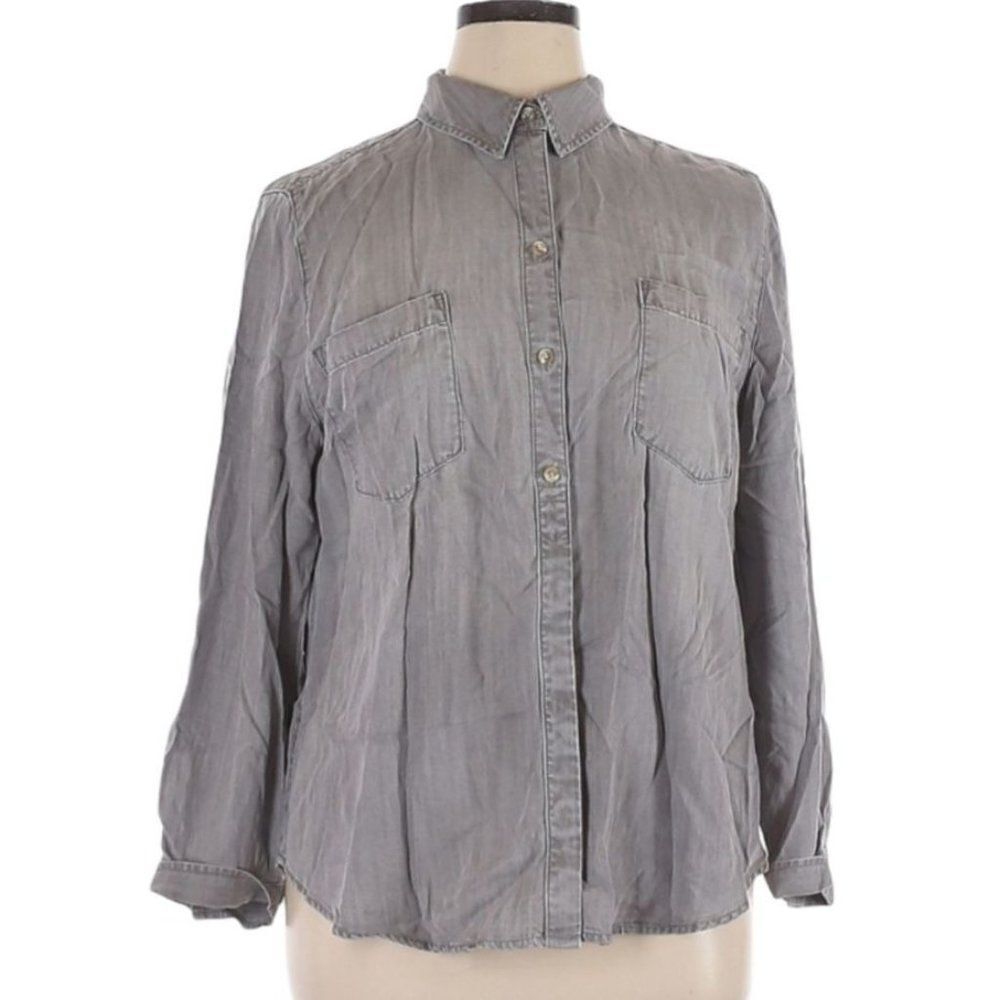 Chico's Gray Stone Wash‎ Shirt Long Tab Sleeve Collared Button Down Tencel Sz 3